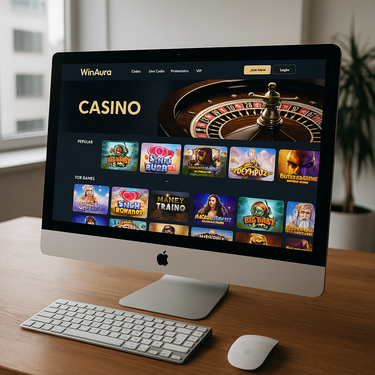 WinAura desktop platform showing clean navigation and pokies lobby