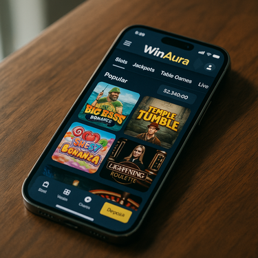 WinAura mobile casino platform on smartphone showing responsive pokies